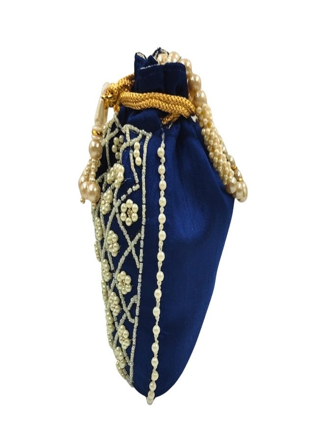 exotique Blue Embroidered Potli Bag for Women | Designer Silk Potli with Pearl Bead Handle & Tassels | Bridal, Wedding & Festive Pouch | HW0020BL - Image 3